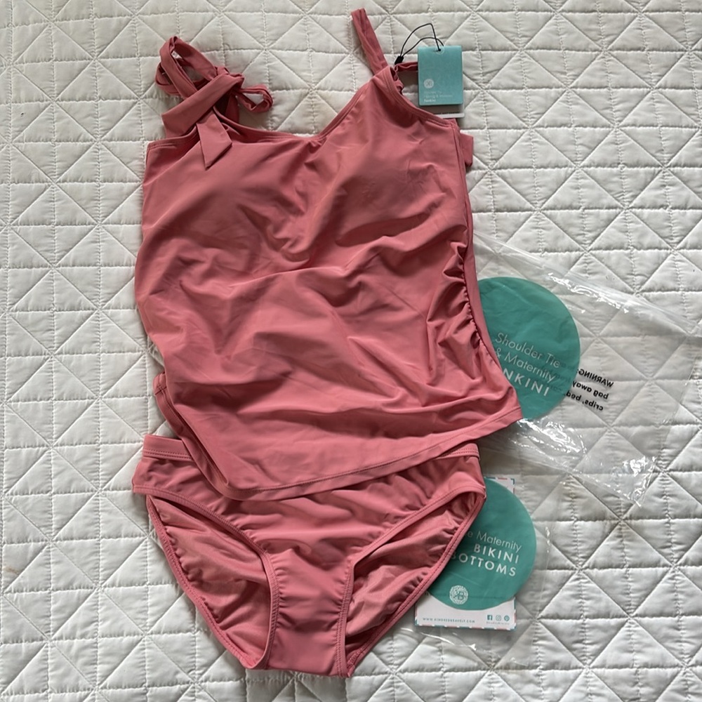 Kindred Bravely Pink Maternity Nursing Tankini swim Top & Bottoms Medium NWT